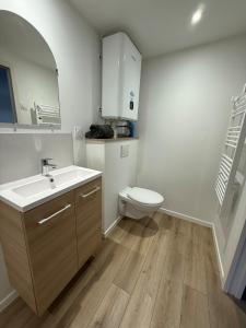 a bathroom with a sink and a toilet at Le Petit Rhuys-parking-wifi in Surzur
