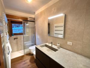 a bathroom with a sink and a shower and a toilet at Exclusive Central Chalet, 5 min Sky Slopes, Garage in Cortina dʼAmpezzo