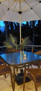 a blue table with an umbrella on a patio at Hotel MarBrissa in Puerto Barrios