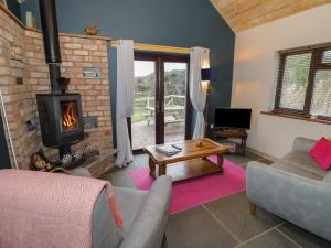 a living room with a couch and a fireplace at The Barn on The Lagoon in Droitwich
