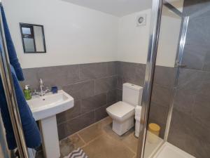a bathroom with a toilet and a sink and a shower at The Barn on The Lagoon in Droitwich