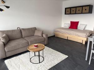 a living room with a couch and a bed at Studio rénové Ovronnaz chalet Orion in Ovronnaz