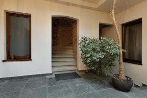 a hallway with a staircase and a plant next to a building at Schloss Haus Boutique in Braşov +90 photos