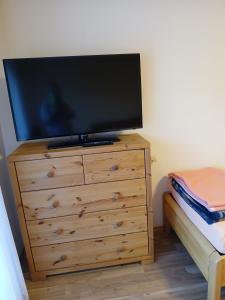 a television on top of a wooden dresser at Ferienwohnung Kulla in Albstadt