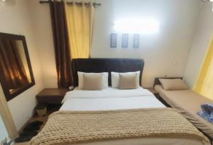 a bedroom with a large bed and a mirror at Budget Condo Family Stay 2 BHK in Mohali