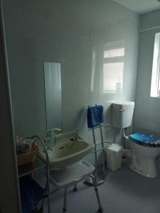 a bathroom with a sink and a toilet and a mirror at Rosemarie's B&B in Lochcarron