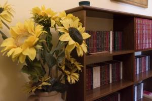 a vase filled with yellow flowers next to a book shelf at B&B Orio BGY in Orio al Serio