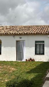 a dog laying in the grass in front of a house at Malpesa Rural in Poveda de la Obispalía