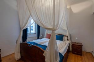 a bedroom with a canopy bed with a window at Charmante Altbauwohnung in Steyr