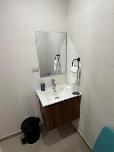 a bathroom with a sink and a mirror at Ciudad Merliot, casa Don Pablo in Hacienda Plan de La Laguna