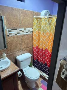 a bathroom with a toilet and a shower curtain at Cozy Nest & Car rental in Scarborough +6 photos