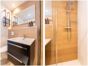 two pictures of a bathroom with a sink and a shower at Bij de Bakker in Oud-Ade +28 photos