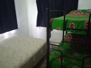a bedroom with a bunk bed with green sheets at Los Cali 27 planta alta 1 in Balneario Buenos Aires