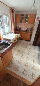 a kitchen with a table and a sink in it at Vila Dascalita in Moieciu de Sus +13 photos