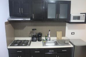 a kitchen with black cabinets and a stove and a sink at Villas Tecuanapan in Xalapa +13 photos