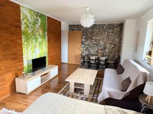 a living room with a tv and a stone wall at Villa Rustica in Šišava