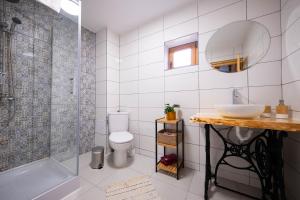 a bathroom with a sink and a toilet and a shower at Casa Vlădușca in Peştera +32 photos