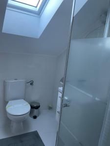 a white bathroom with a toilet and a skylight at Marova Luxury Loft Caraiman View in Buşteni