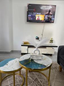 a living room with a table and a tv at The Nirvana Place in Nairobi