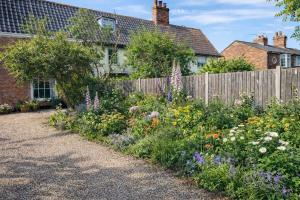 a garden with flowers in front of a fence at Beehive Cottage in Beccles