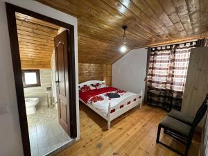 a bedroom with a bed and a bathroom with a tub at Casa de vacanta Cabana Toto in Sebeşu de Jos