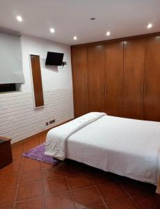 a bedroom with a white bed and a flat screen tv at Casa Afonso in Ventosa +2 photos