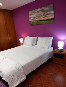 a bedroom with a large bed with a purple wall at Casa Afonso in Ventosa