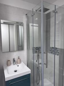 a bathroom with a glass shower and a sink at Riviera Begonia Appartement - Parking Privé in Roquebrune-Cap-Martin +17 photos
