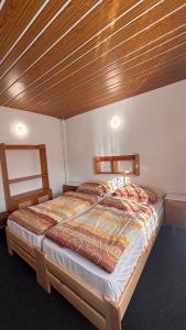 a bedroom with a large bed with a wooden ceiling at Chalupa U lesa in Karlova Studánka