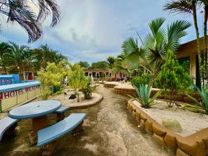 a resort with two blue benches in a pond at Hotel Wilson Upala in Upala