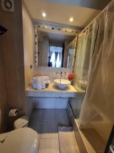 a bathroom with a sink and a toilet and a mirror at Living Suite in El Cerrillo