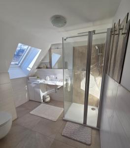 a bathroom with a shower and a toilet and a sink at Zu-Haus in Peterdorf +26 photos
