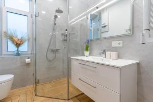 a bathroom with a shower and a sink and a toilet at Picturesque Old Town Apartment with Charming Balcony in Kaunas +31 photos