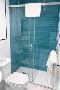 a bathroom with a glass shower with a toilet at Hotel Villa del Son in Porto do Son