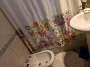 a shower curtain with flowers on it in a bathroom at En lo de dan V in Buenos Aires