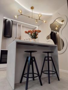 a kitchen with two bar stools and a counter at Mediteran Line Apartman 1 in Sombor