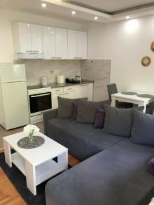 a living room with a couch and a table and a kitchen at Nele in Bežanija +3 photos
