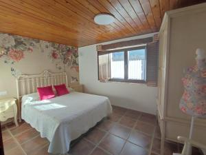 a bedroom with a bed with pink pillows and a window at Alameda II con CHIMENEA Salòn y BARBACOA en patio in Curiel de Duero