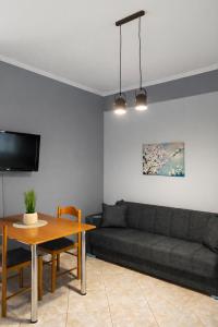 a living room with a couch and a table at DOMES APARTMENTS in Kallithea Halkidikis