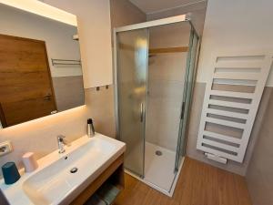 a bathroom with a sink and a shower at Pension Kronenburghof in Erfurt