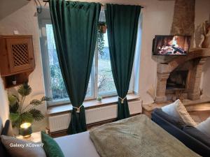 a living room with green curtains and a tv at Green Oasis Stylish Garden Studio Workspace in Linz