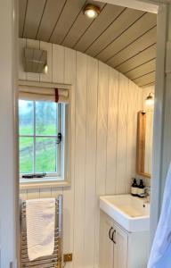 a small bathroom with a sink and a window at The Hut at Claston in Stoke Edith