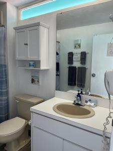 a bathroom with a sink and a toilet and a mirror at Park Place Condo 227 in Cedar Key