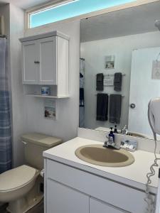 a bathroom with a sink and a toilet and a mirror at Renovated Ocean-View Condo with Private Balcony in Cedar Key