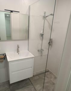 a white bathroom with a sink and a shower at Loft Like View in Izmail +2 photos