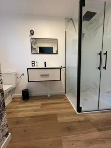 a bathroom with a sink and a shower at La Mar'Hel in Taxat-Senat