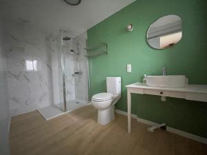 a green bathroom with a toilet and a shower at La Mar'Hel in Taxat-Senat