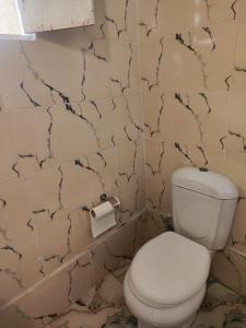 a bathroom with a white toilet and a marble wall at Historical Mayor's House in Qasr Al Farafirah +57 photos