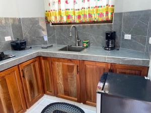 a kitchen with wooden cabinets and a sink at Cabañas Corozalito Naturaleza aves y tranquilidad cerca de playas Corozalito Punta Islita San Miguel Coyote Bejuco Costa de Oro entre otras in Corozalito