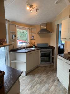a kitchen with a sink and a stove at Park Home in Watchet